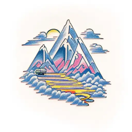 Highway Leading Up To Mountain With Three Crosses Sky Opening Up With Hands In The Clouds