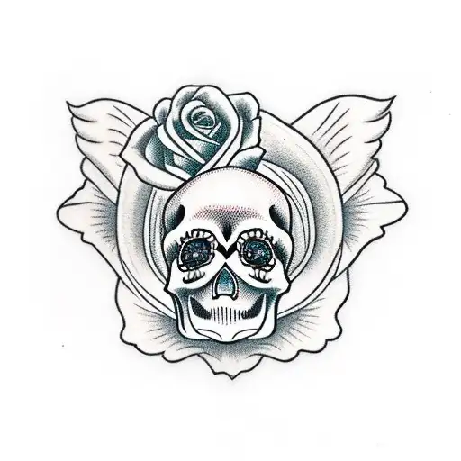 Baby Angel Laying On 2 Roses With A Sugar Skull Beneath