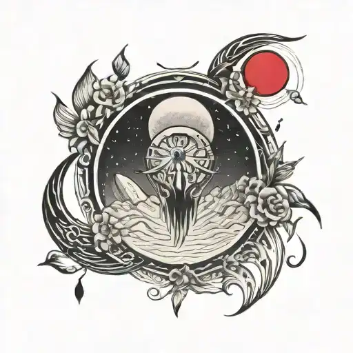 Crimison Red Moon With Black And Gray Tattoo Design