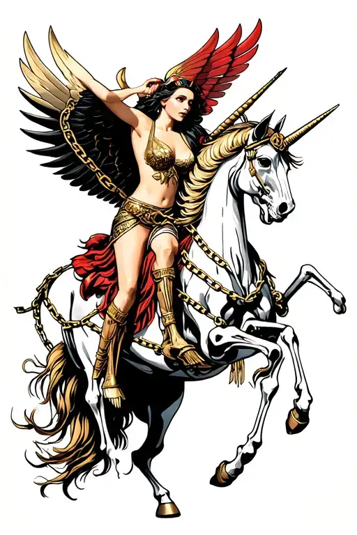 Beautiful Sexy Valkyrie Riding A Flying Unicorn Skeleton Chained