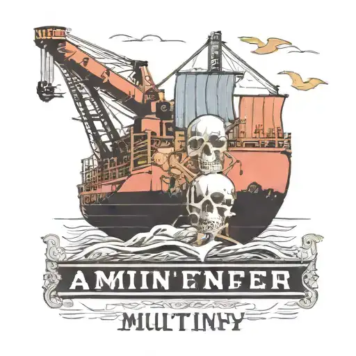 Container Ship With A Crane Behind And A Skull And Anchor And Text Mutiny Below