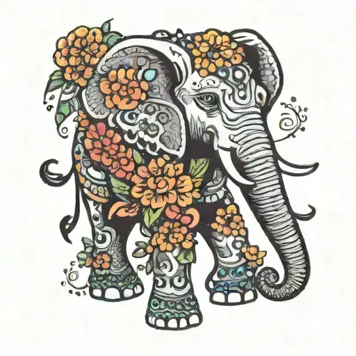 Elephant With A Trunk Up Surrounded By Vibrant Flowers