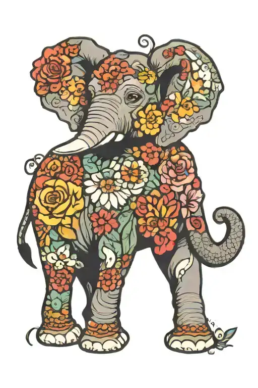 Elephant With A Trunk Up Surrounded By Vibrant Flowers