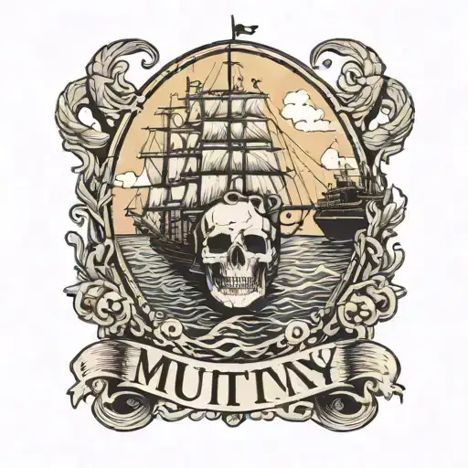Container Ship With A Crane Behind And A Skull And Anchor With The Text Mutiny