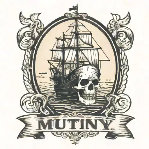 Container Ship With A Crane Behind And A Skull And Anchor With The Text Mutiny