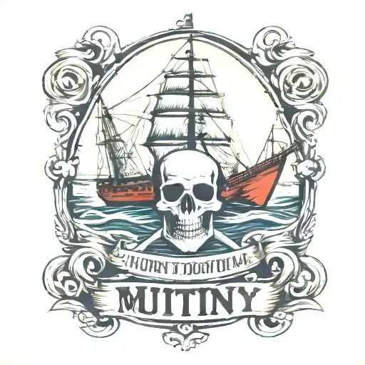 Cargo Ship With A Crane Behind And A Skull And Anchor With The Text Mutiny