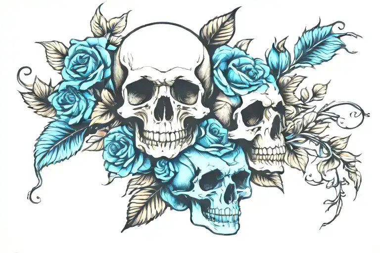 Skull And Blue Roses Blooming