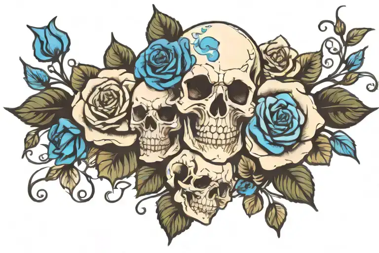 Skull And Blues Roses Blooming