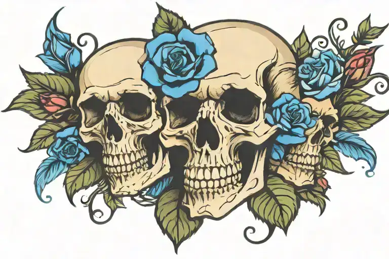 Skull And Blues Roses Blooming