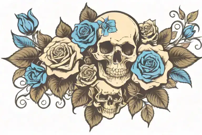 Skull And Blues Roses Blooming
