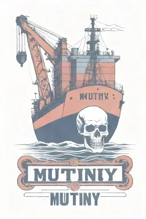 Container Ship With A Crane Behind And A Skull And Anchor With Text That Says Mutiny