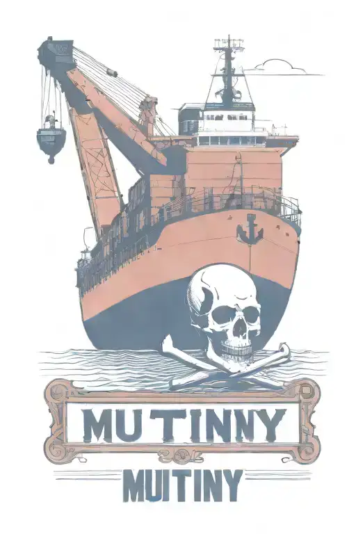 Container Ship With A Crane Behind And A Skull And Anchor With Text That Says Mutiny