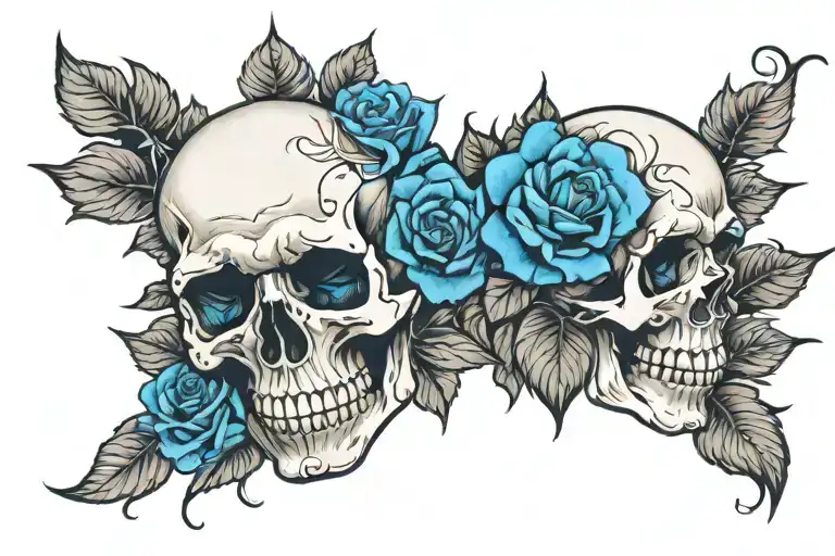 1 Black And White Skull With Blue Roses On The Left And Right
