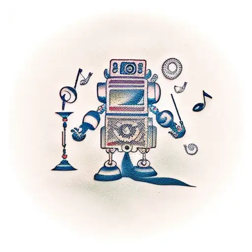 A Traditional Style Tattoo Of A Coding Robot Surrounded By Music Notes And Cannabis Leaves