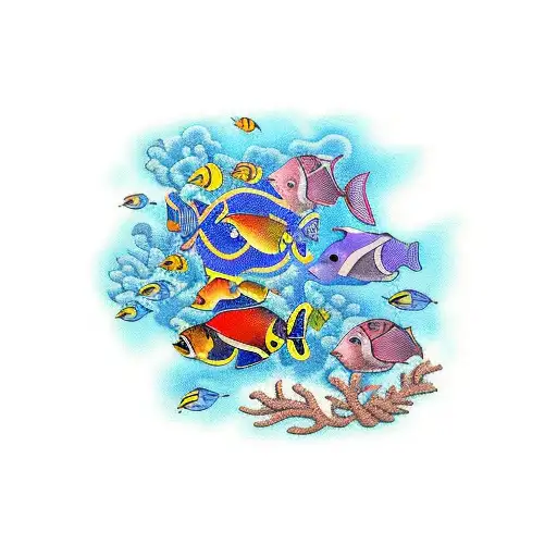 A Traditional Tattoo Showcasing A School Of Tropical Fish Swimming In A Colorful Coral Reef