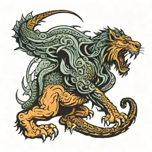 Lion Digging His Claws Into The Back Of A Dragon