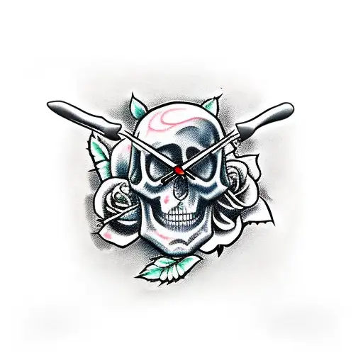Skull Clock Knife Roses