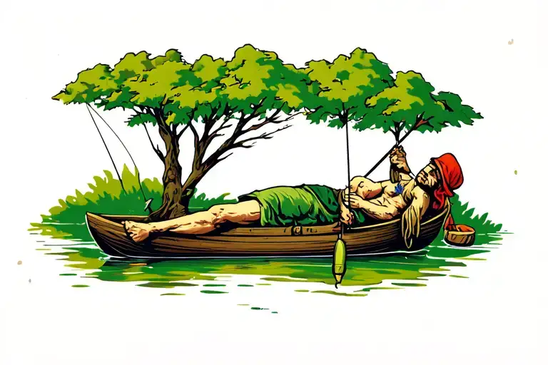 Lepercaun Fishing Sleeping Under A Tree By A Pond
