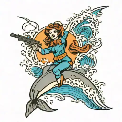 A Fairy Holding A Gun Riding A Dolphin Jumping A Wave