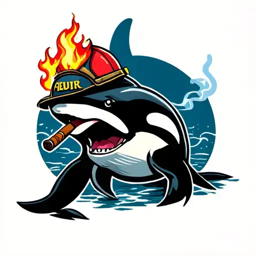 Orca Wearing A Fire Helmet Smoking A Cigar Leaning