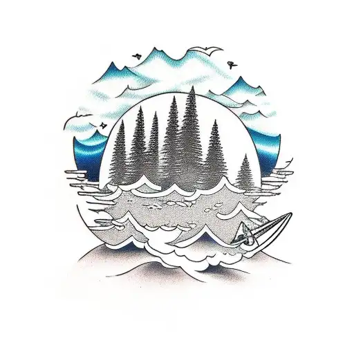 Surf Board Forest Trees Water Sand Mountains