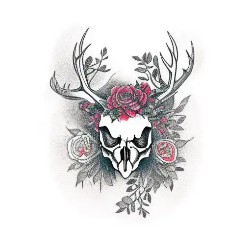 Deer Skull With Flowers And Witchcarft Thongs Heng In The Horns