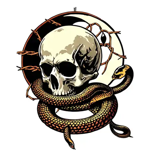 Skull With Snake With Moon With Barbed Wire