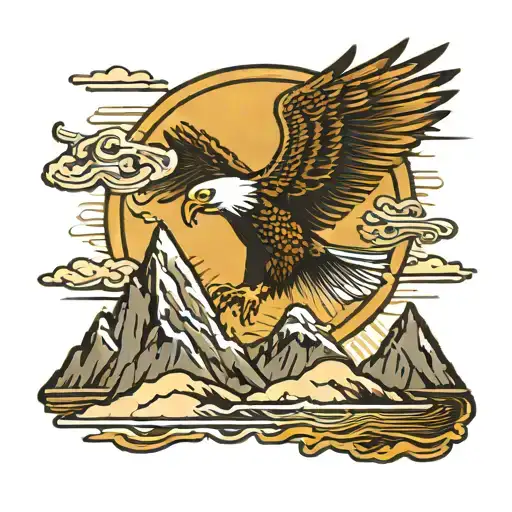 Rising Sun With Eagle Over Ash Of A Wrecked Boat Mountains In Background Gold Trumpet