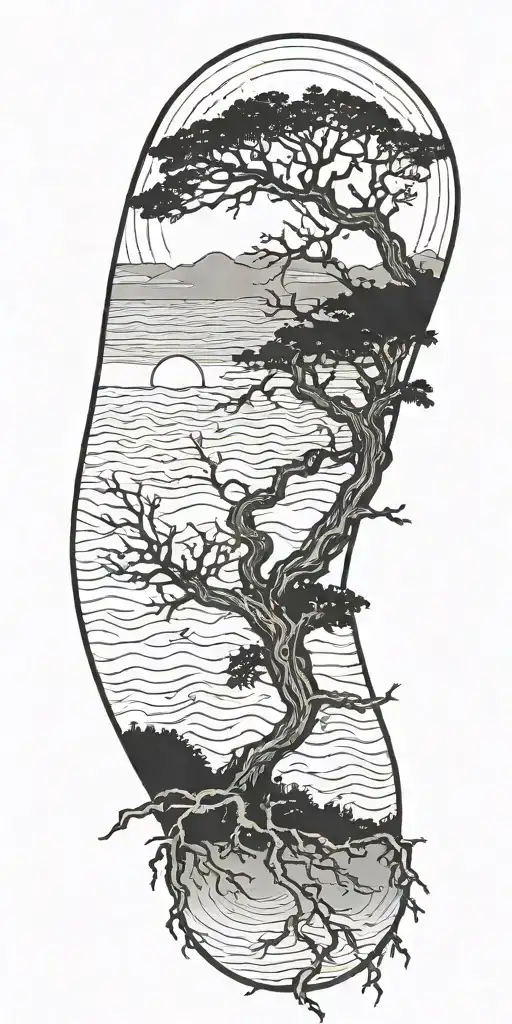Marsoc Constellation Over Ocean At Night With Bonzai Tree And Roots Flowing Down To Wrist