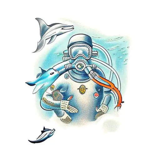 An Intricate Scuba Diver Exploring The Depths Of The Ocean Surrounded By Playful Dolphins