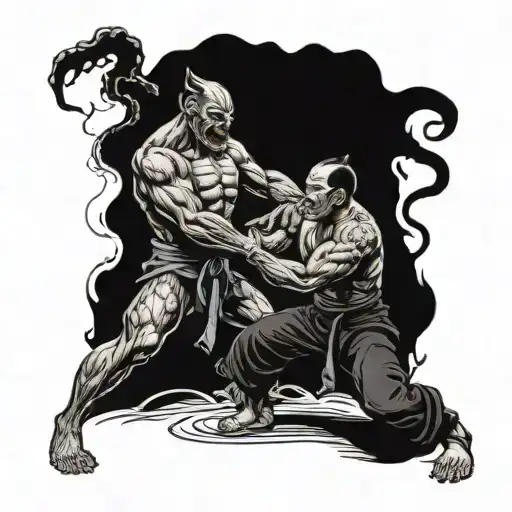 A Menacing Demon Grappling With A Jiu Jitsu Practitioner In A Dark And Eerie Setting