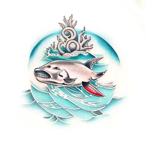 A Tattoo Capturing The Essence Of The Beach With Sea Creatures In Dotwork Style