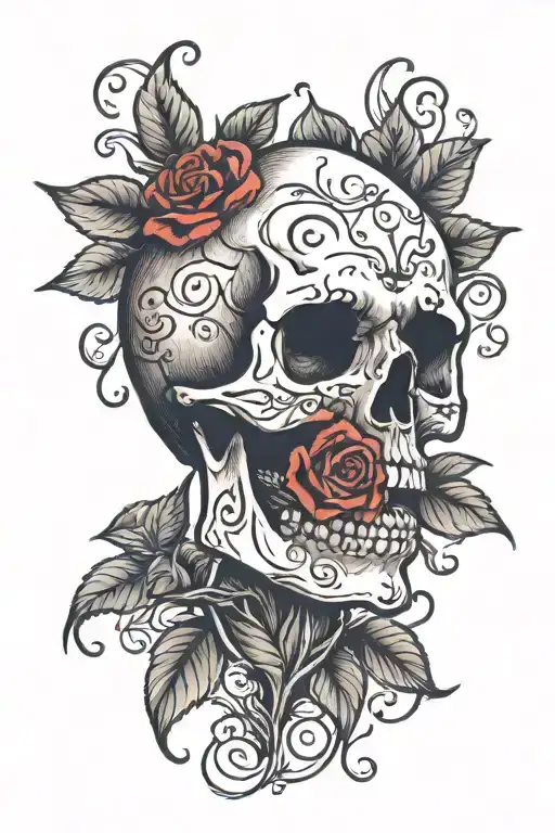 Skull With A Rose Growing Out Its Mouth Open