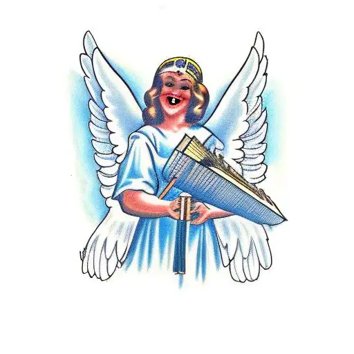 An Angel Playing A Pagode Instrument In Front Of A Church