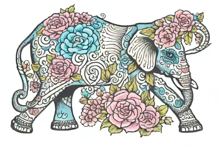Day Of The Dead Elephant Pink And Blue Flowers