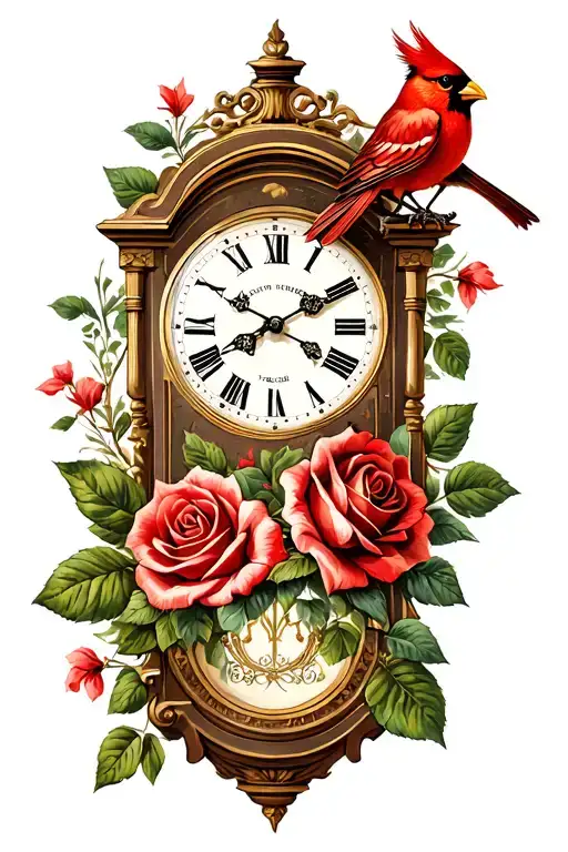 Grandfather Clock With Cardinal Bird With Roses