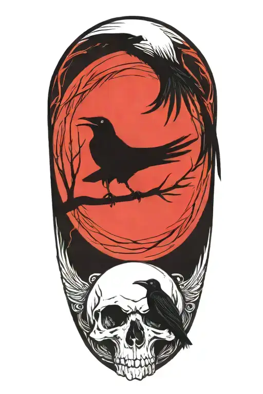 Raven On Skull With Blood Moon Surrounded