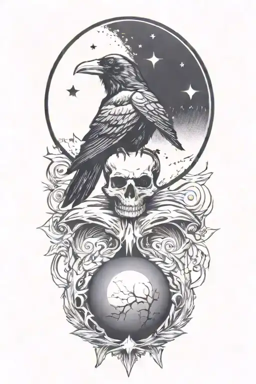 Raven On Skull With Blood Moon Background