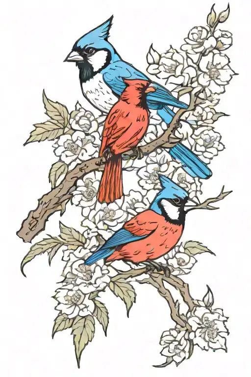 Cardinal And Bluejay On A Branch With Carnations And Hawthorns