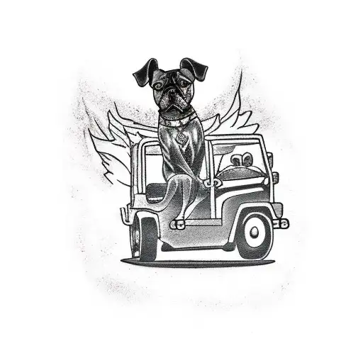 A Traditional Tattoo Of A Dog Riding In A Jeep With The Mad Season Logo In The Background