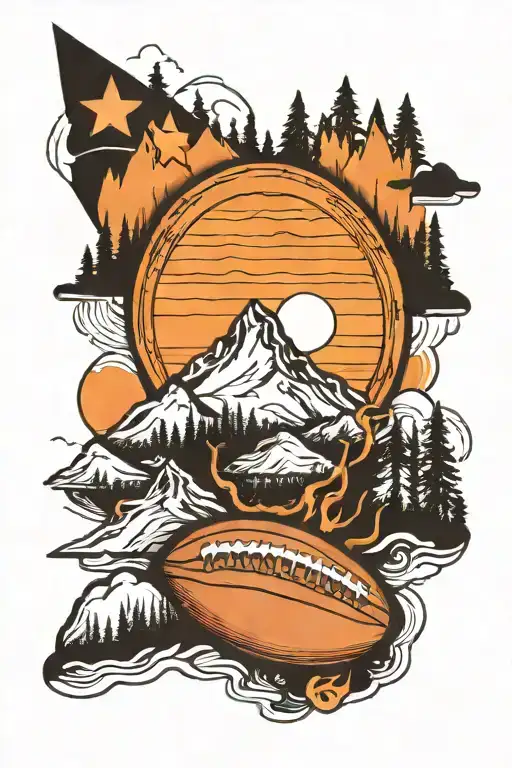 Create A Tattoo Of A Mountain Landscape With A Hidden Rugby Ball And Snowboard