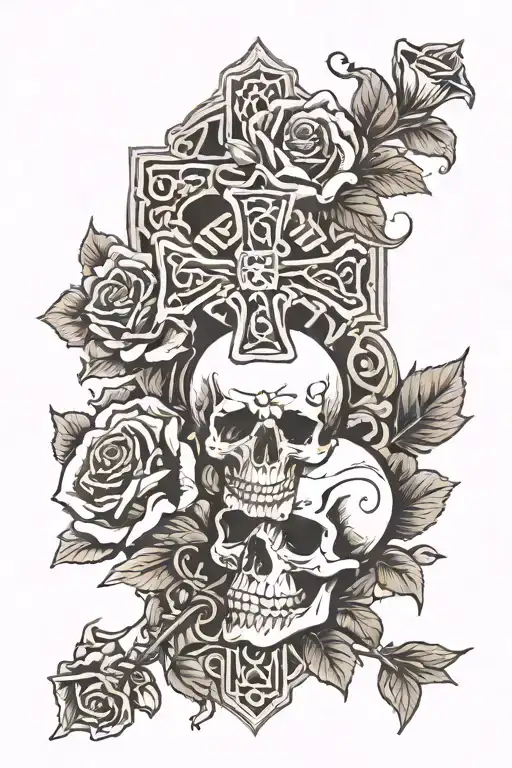 Skulls With Roses And Celtic Cross