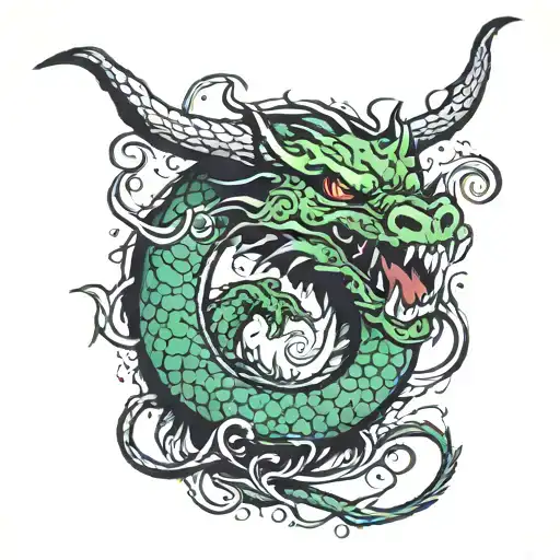 Green Dragon With Black Horns Wrapped Itself Around The Darkness