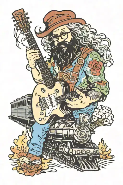 Locomotive Train Passing With Jerry Garcia Playing A Guitar