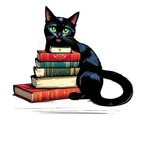 Black Cat Green Eyes Full Body Sitting In 5 Books