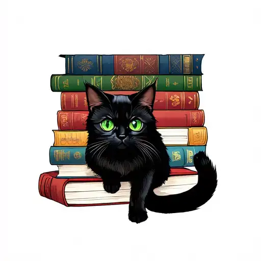 Black Cat Green Eyes Full Body Sitting Over 5 Books