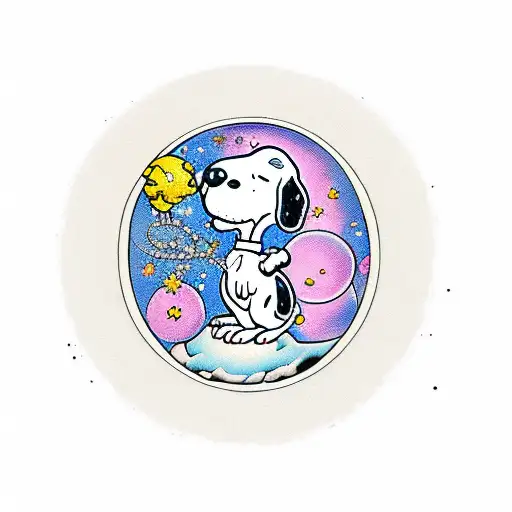 Traditional-style Snoopy Sitting On A Moon With A Bouquet Of Space-themed Flowers