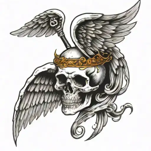 Skull Facing Right With Angel Halo And Angel Wings