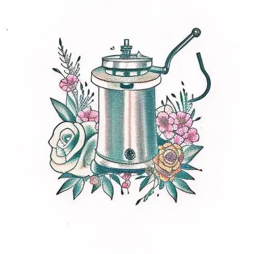 A Traditional Tattoo Of A Vintage Coffee Grinder Surrounded By Delicate Floral Patterns