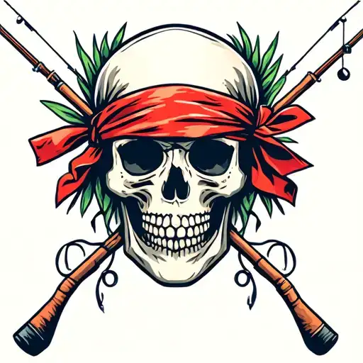 Skull Wearing A Rolled Red Bandana With Fishing Poles Catching A Dream Cacther